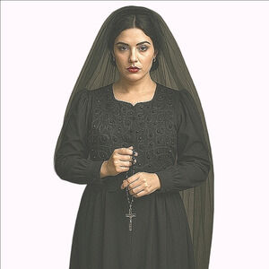 Vintage Gothic Black Scalloped Maxi Dress Mobwife Estate Beaded Ribbon Bodice